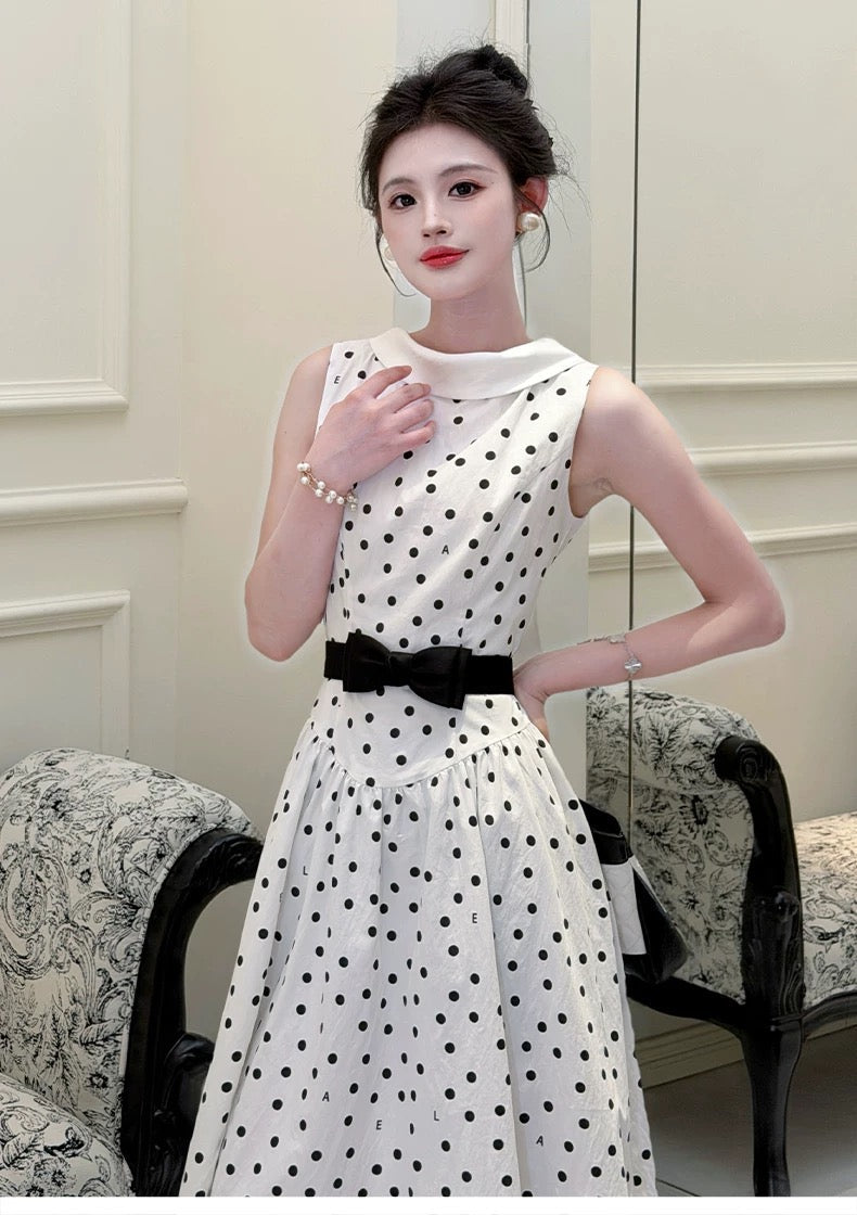 【dress】リボンベルトドットロングワンピース   N3756