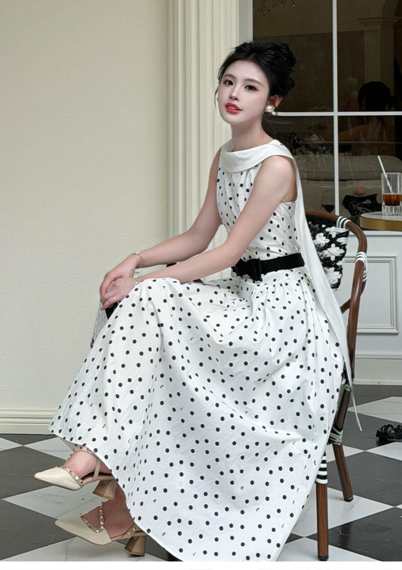 【dress】リボンベルトドットロングワンピース   N3756