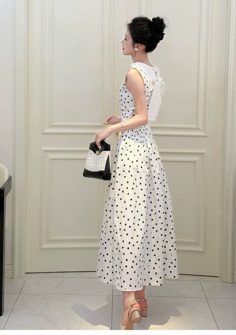 【dress】リボンベルトドットロングワンピース   N3756