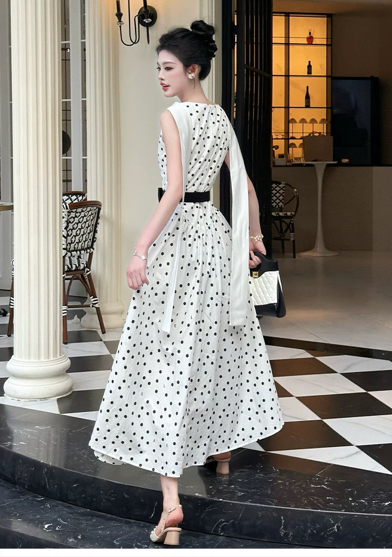 【dress】リボンベルトドットロングワンピース   N3756