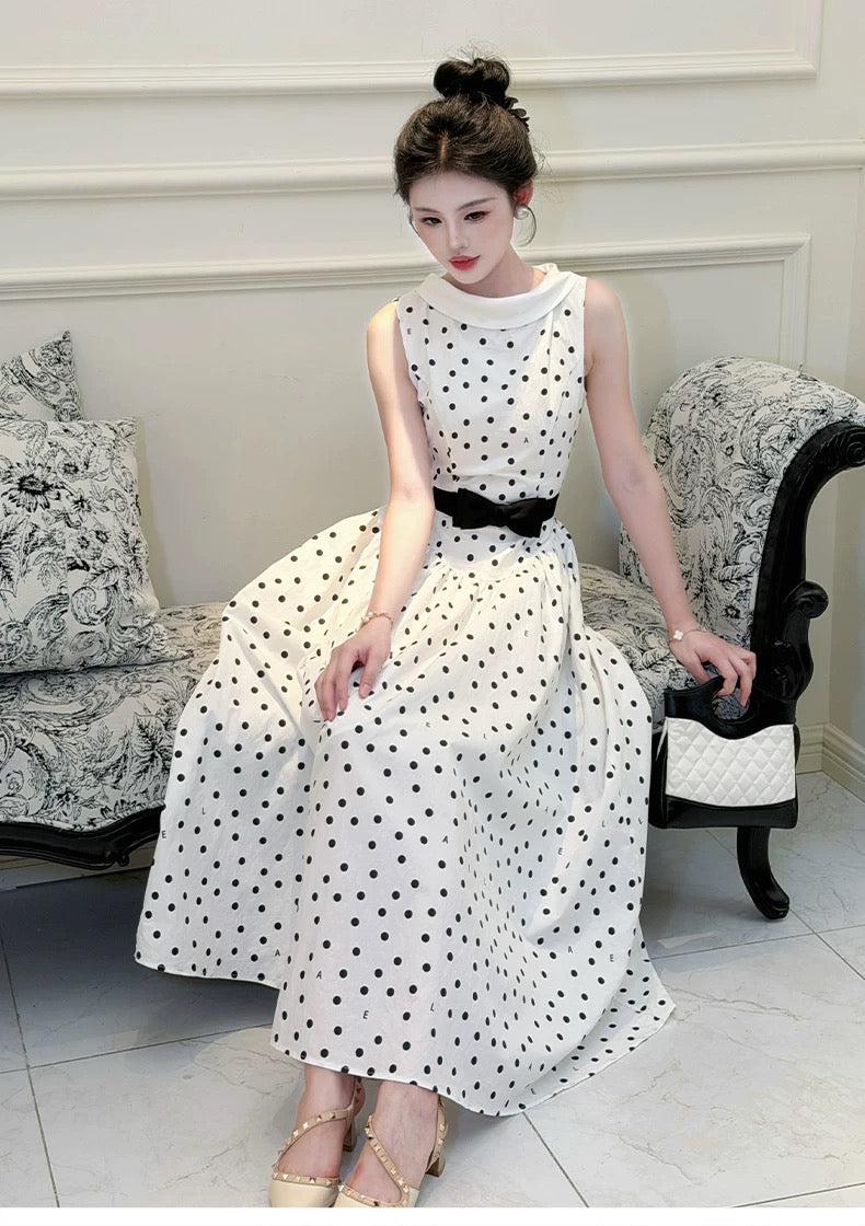 【dress】リボンベルトドットロングワンピース   N3756