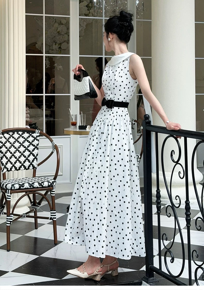 【dress】リボンベルトドットロングワンピース   N3756