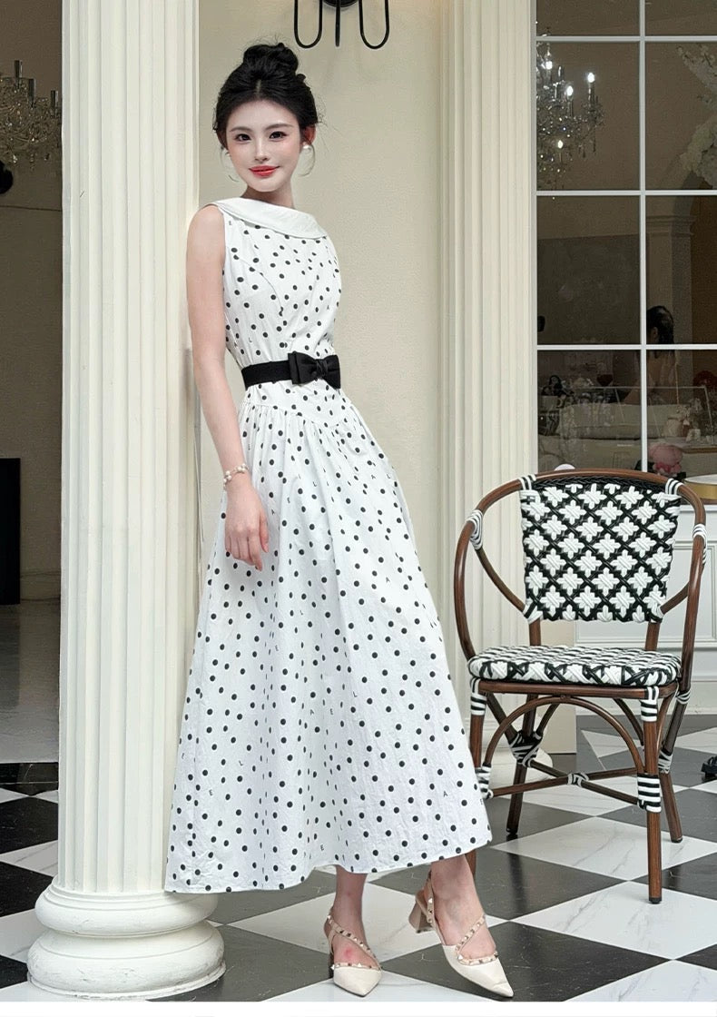 【dress】リボンベルトドットロングワンピース   N3756