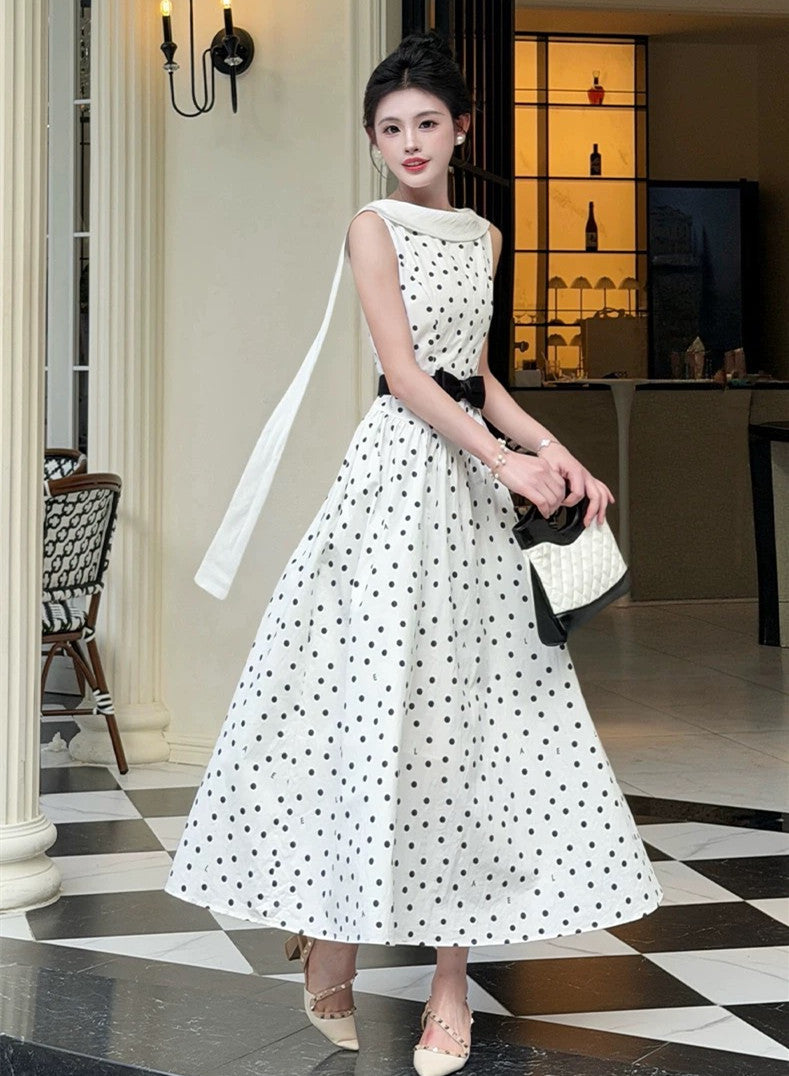 【dress】リボンベルトドットロングワンピース   N3756