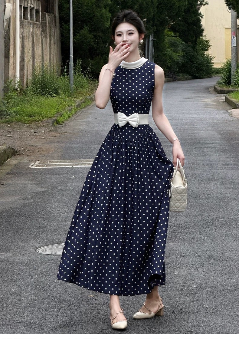 【dress】リボンベルトドットロングワンピース   N3756
