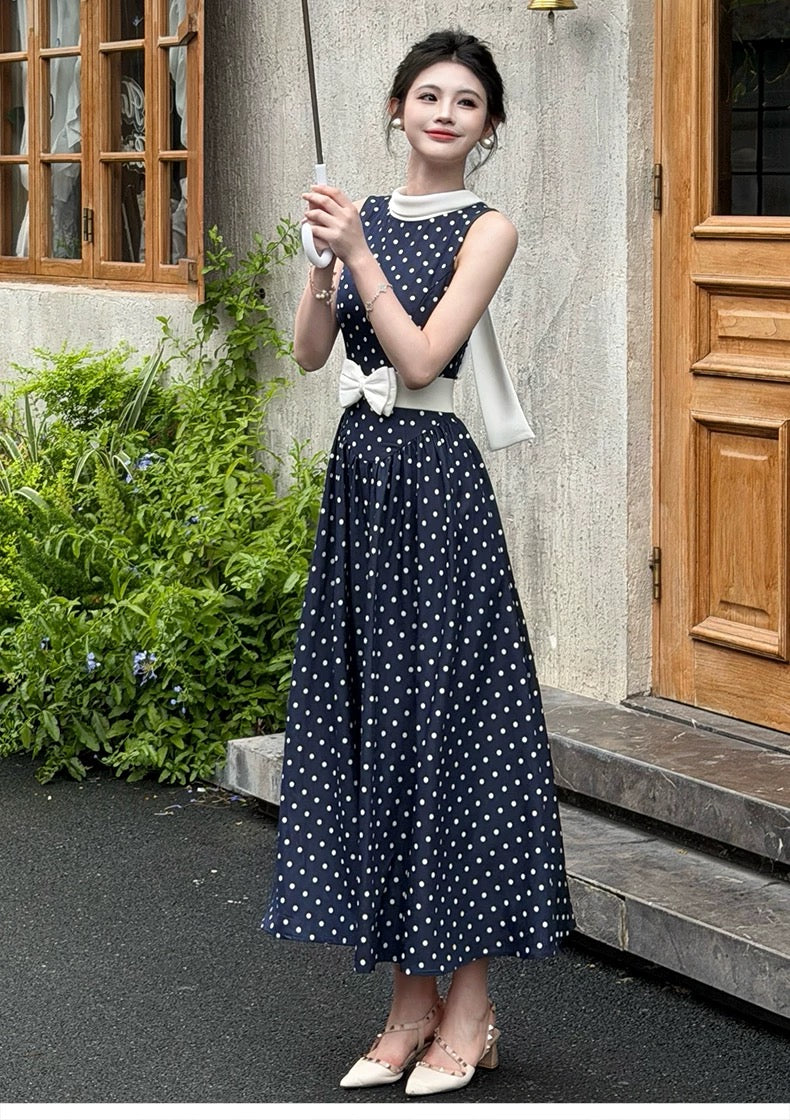 【dress】リボンベルトドットロングワンピース   N3756