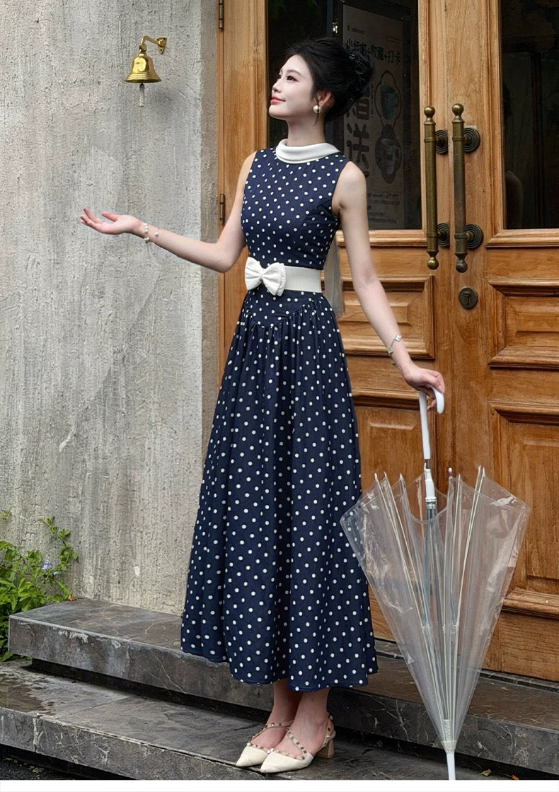 【dress】リボンベルトドットロングワンピース   N3756