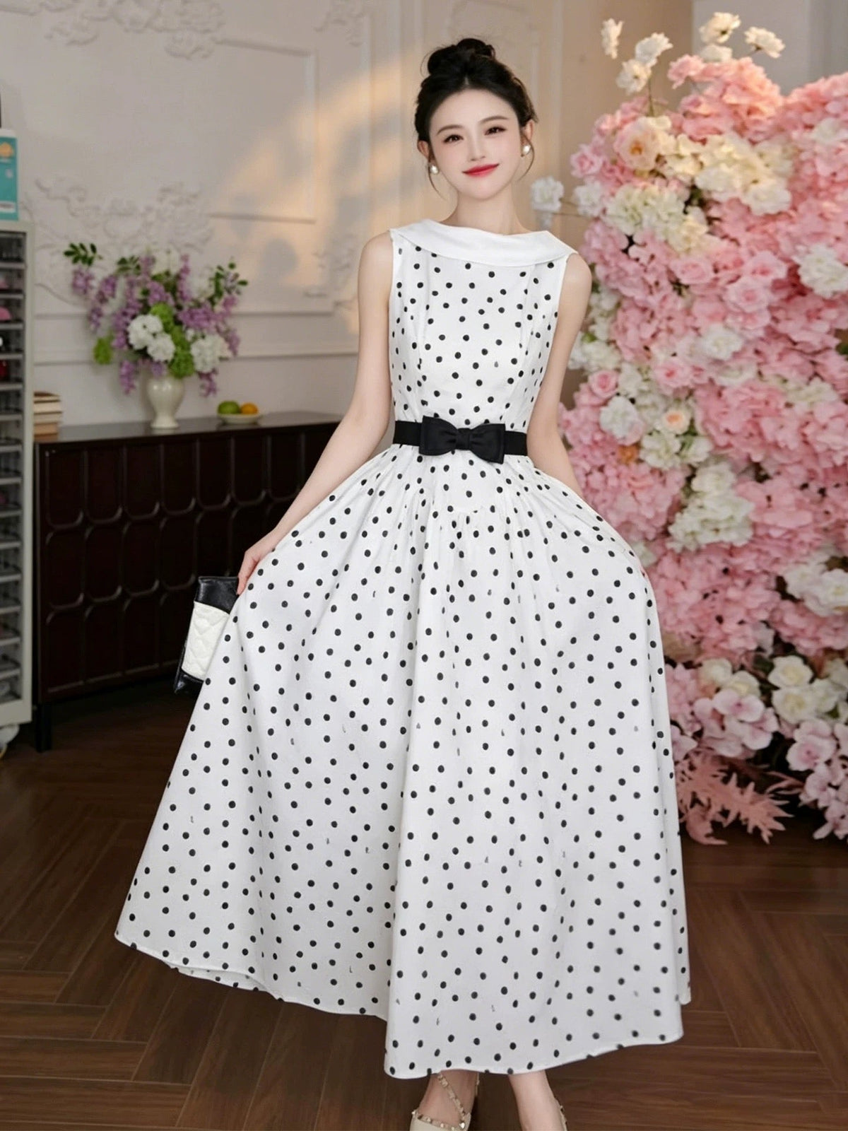 【dress】リボンベルトドットロングワンピース   N3756