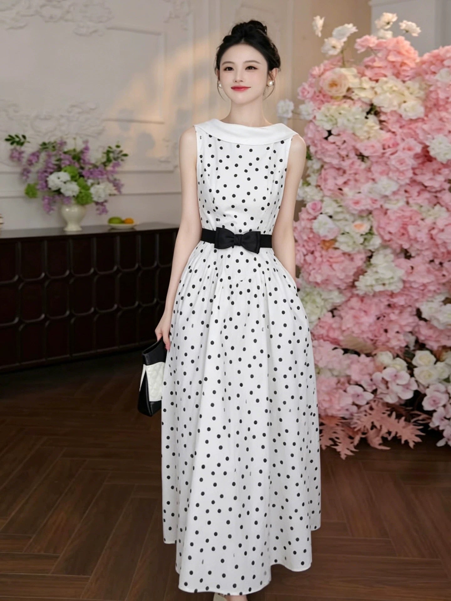 【dress】リボンベルトドットロングワンピース   N3756