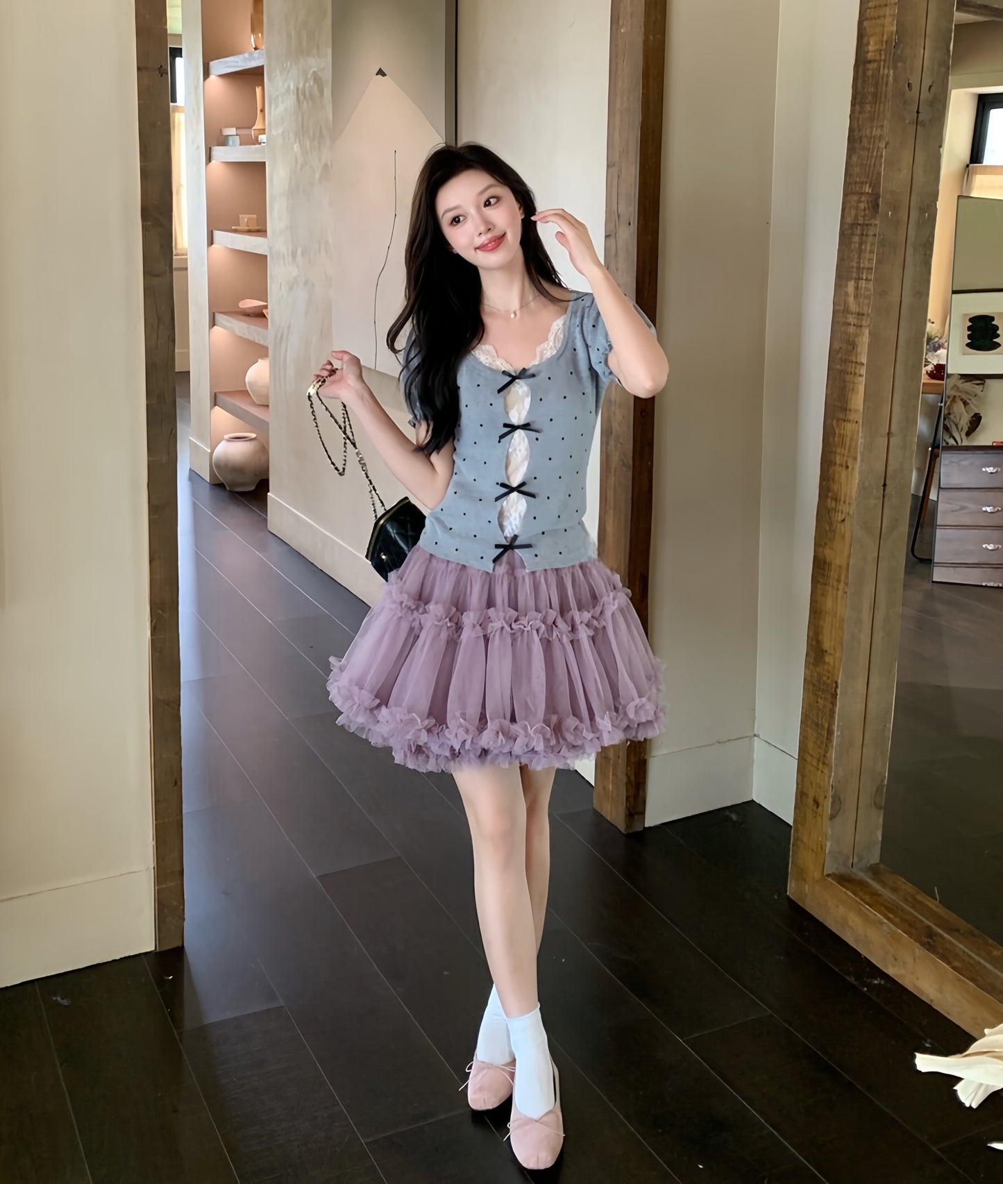 【tops】レースドッキングドットリボントップス  K0627