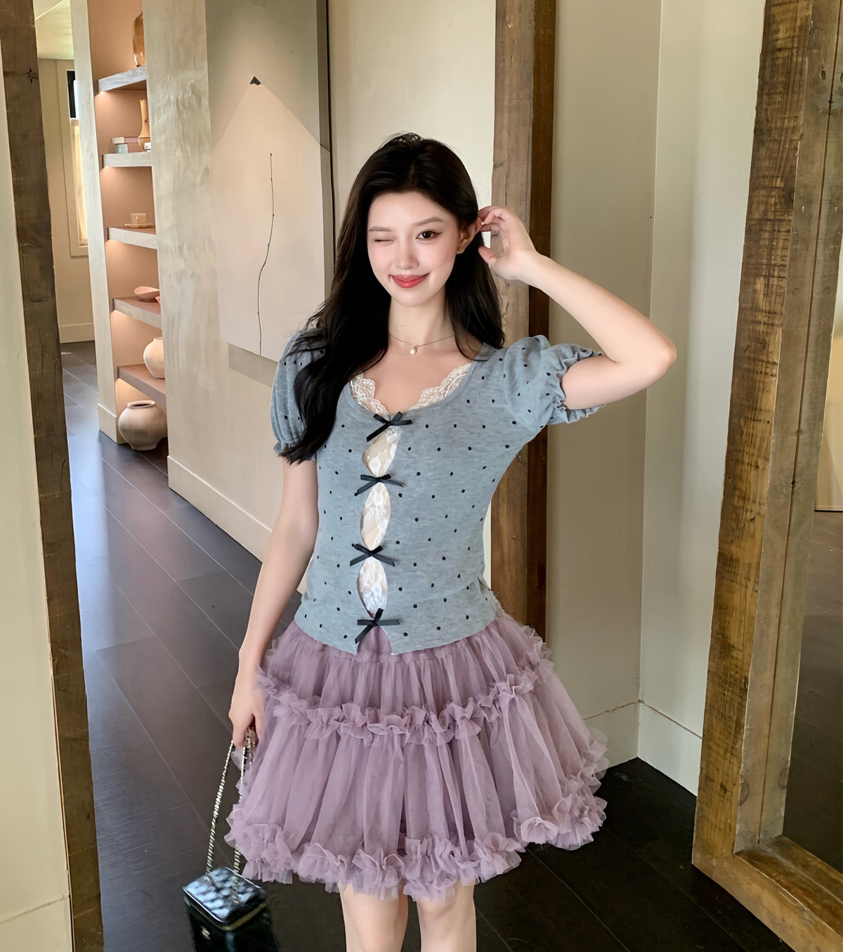 【tops】レースドッキングドットリボントップス  K0627