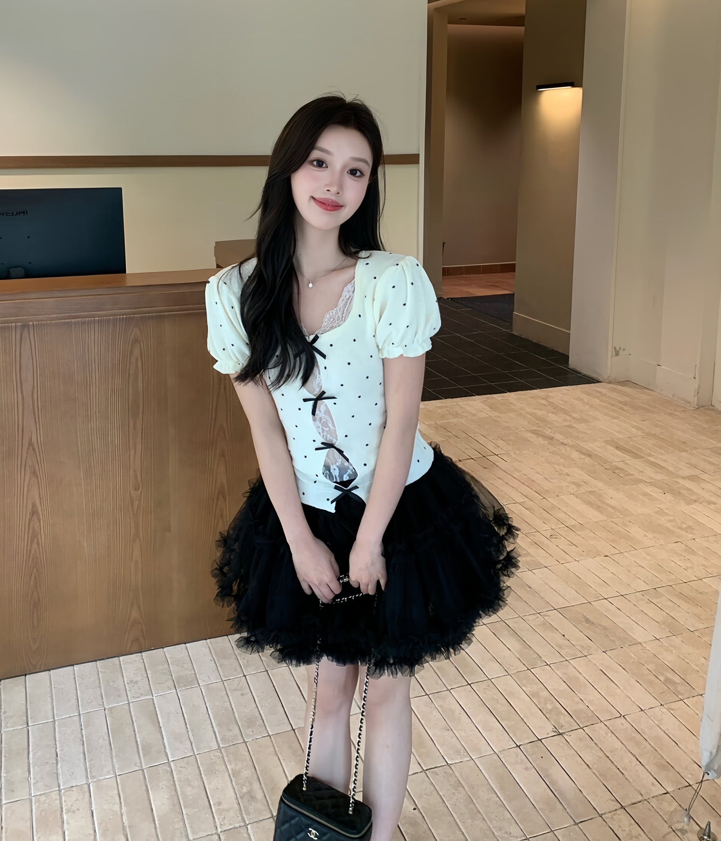 【tops】レースドッキングドットリボントップス  K0627