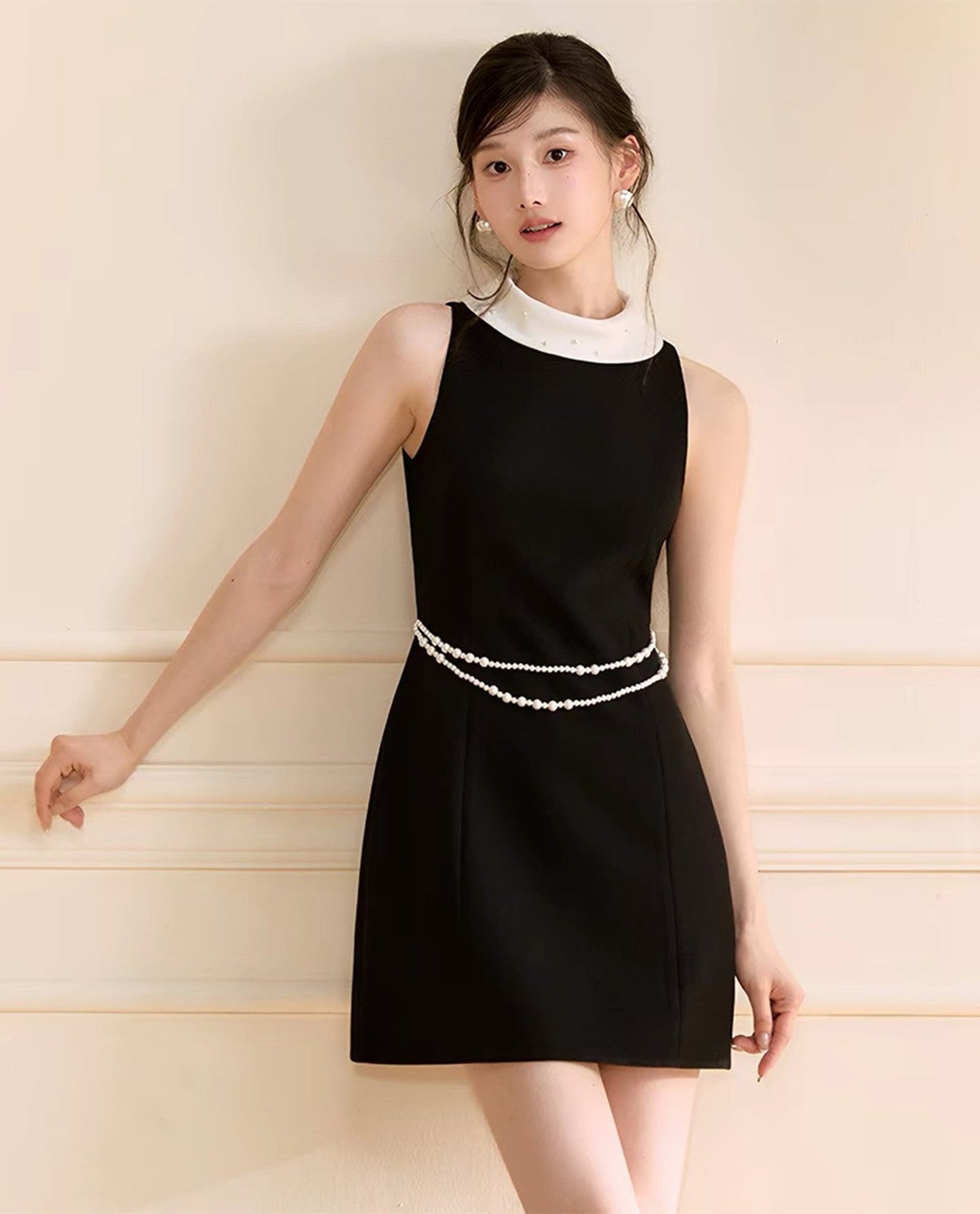 【dress】パール付きロールカラーミニワンピース   N3759