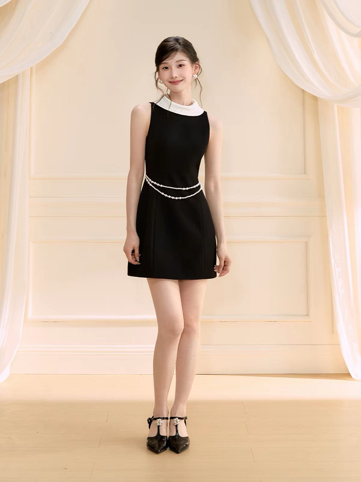 【dress】パール付きロールカラーミニワンピース   N3759