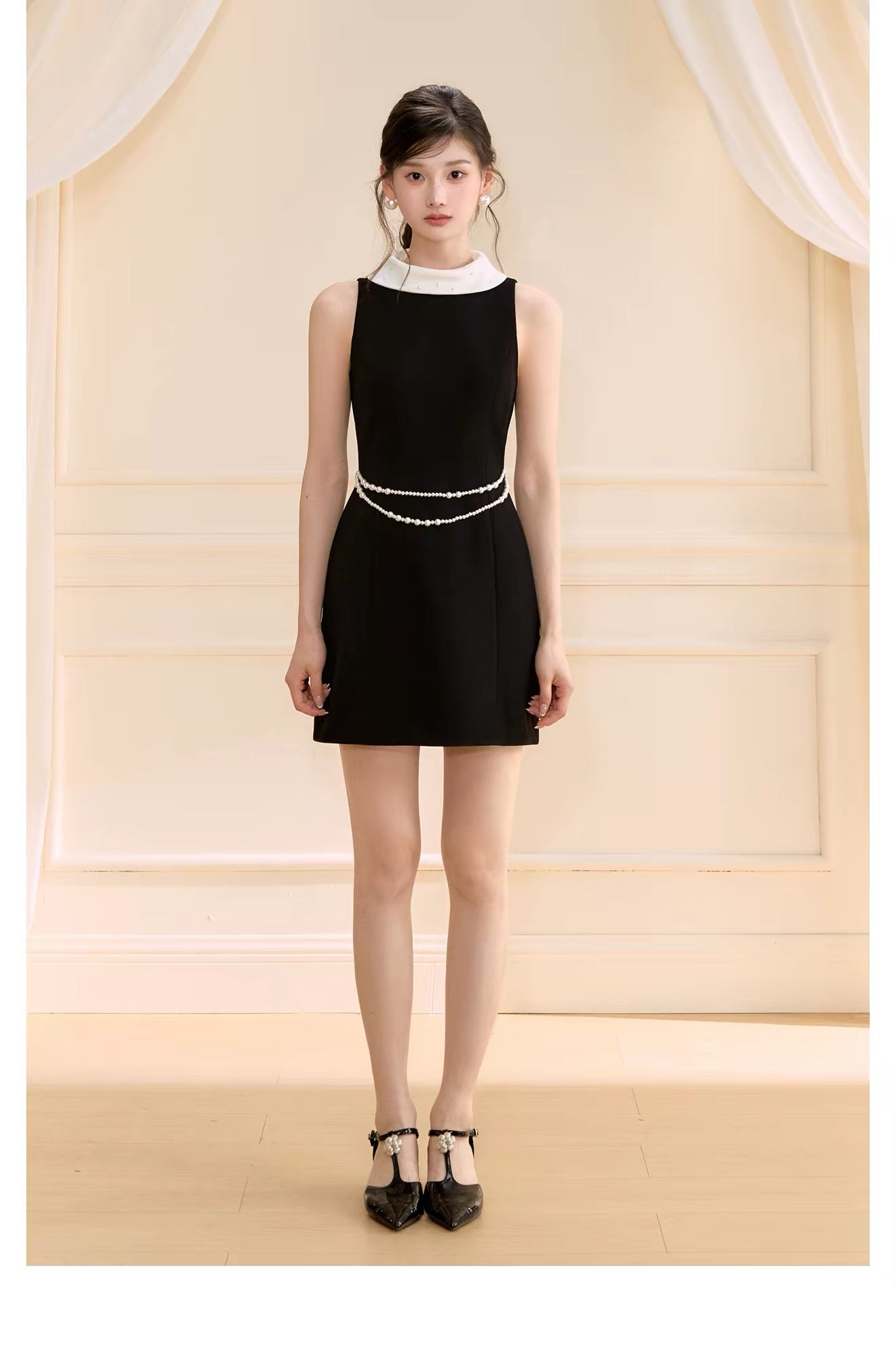 【dress】パール付きロールカラーミニワンピース   N3759