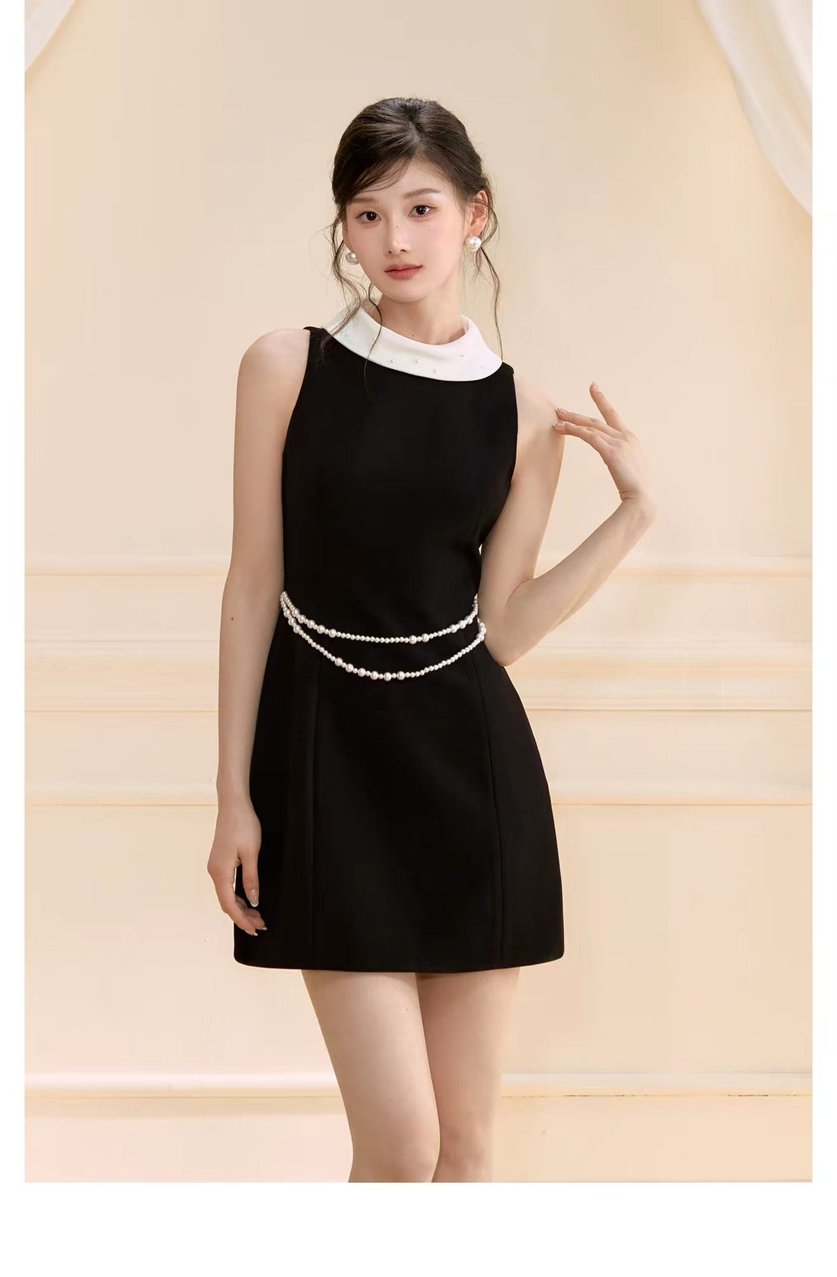 【dress】パール付きロールカラーミニワンピース   N3759