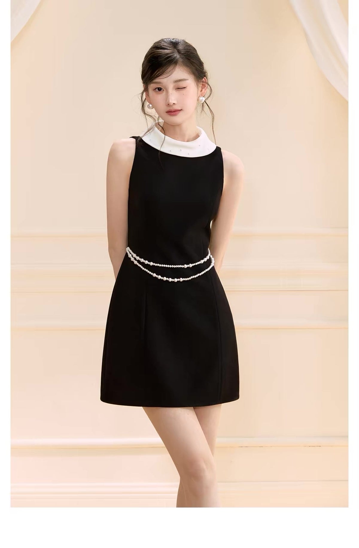 【dress】パール付きロールカラーミニワンピース   N3759