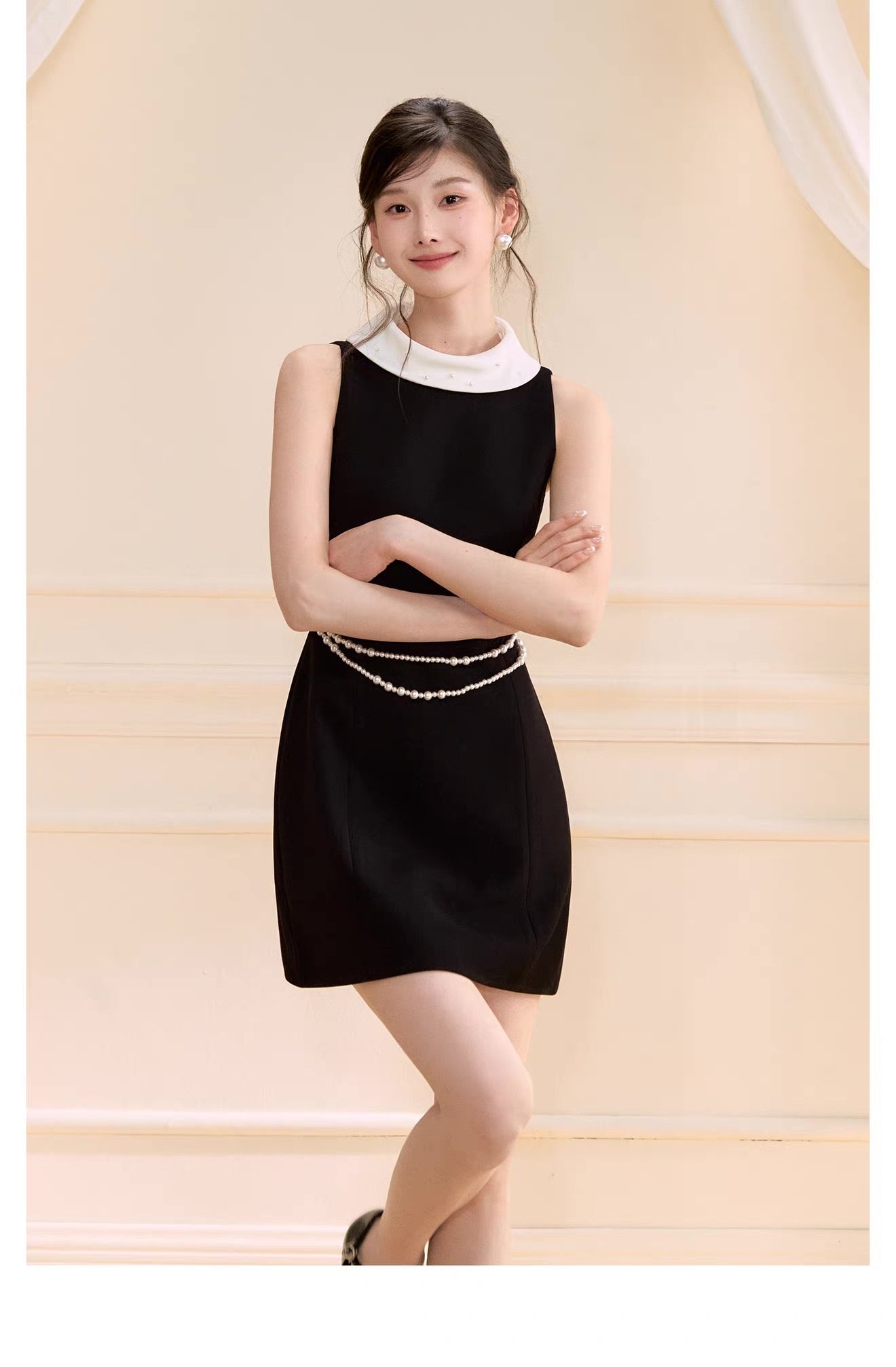 【dress】パール付きロールカラーミニワンピース   N3759