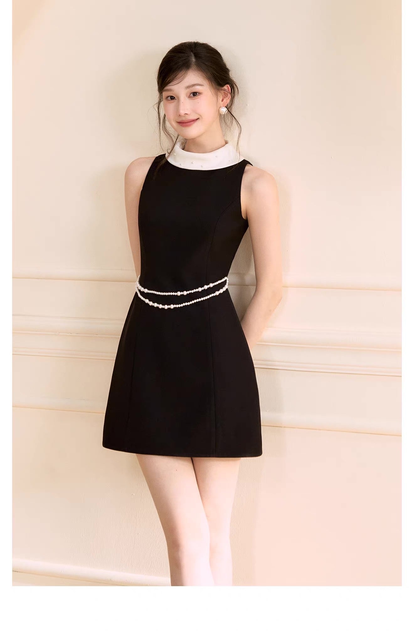 【dress】パール付きロールカラーミニワンピース   N3759