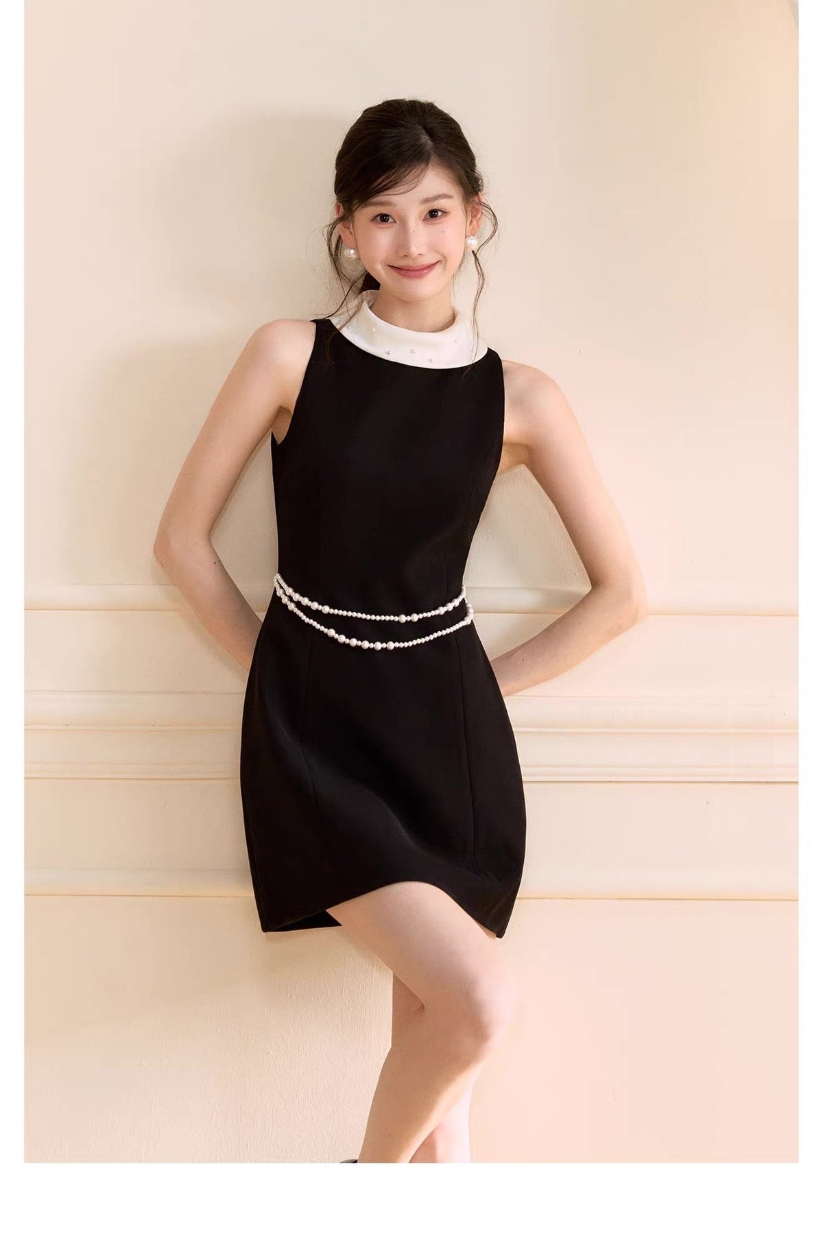 【dress】パール付きロールカラーミニワンピース   N3759