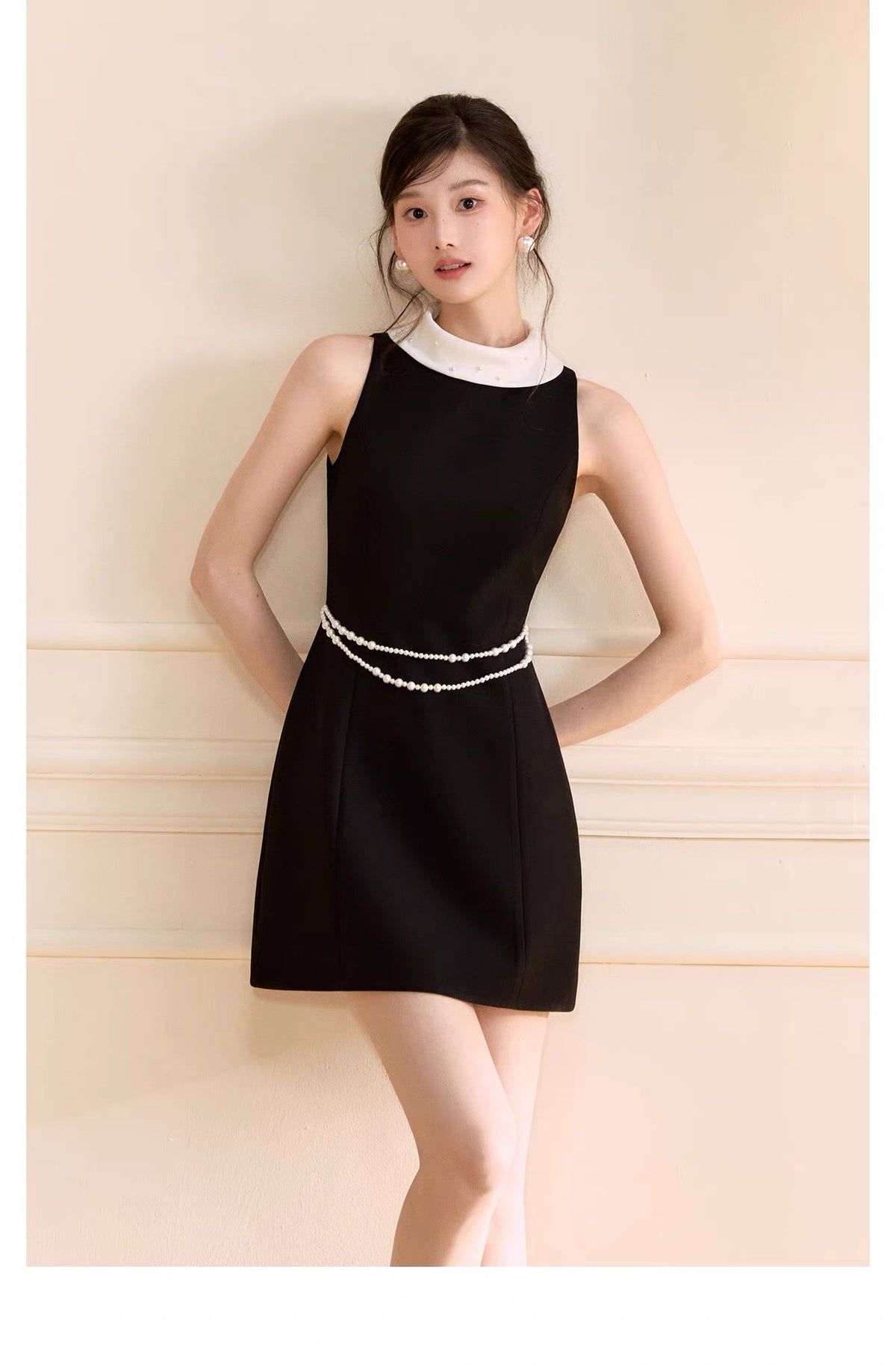 【dress】パール付きロールカラーミニワンピース   N3759