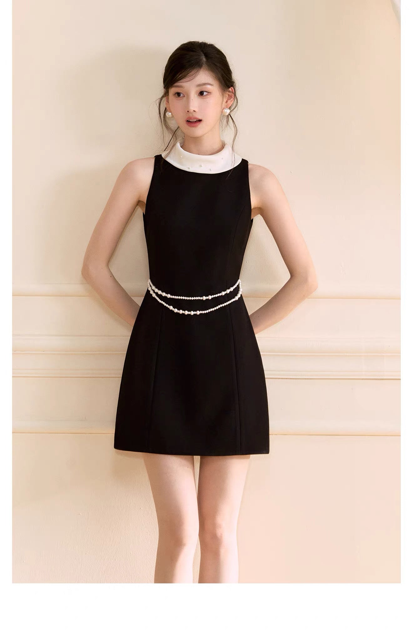 【dress】パール付きロールカラーミニワンピース   N3759