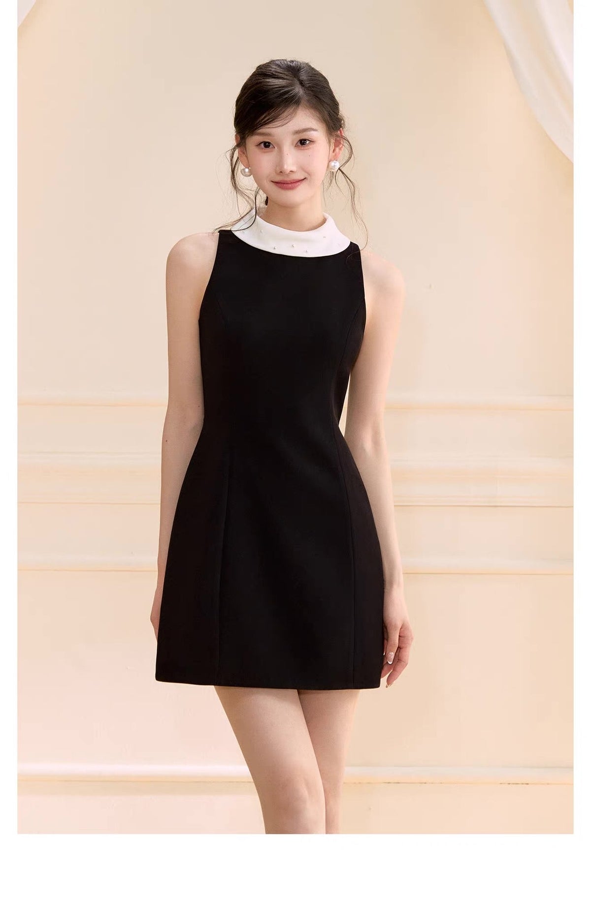 【dress】パール付きロールカラーミニワンピース   N3759