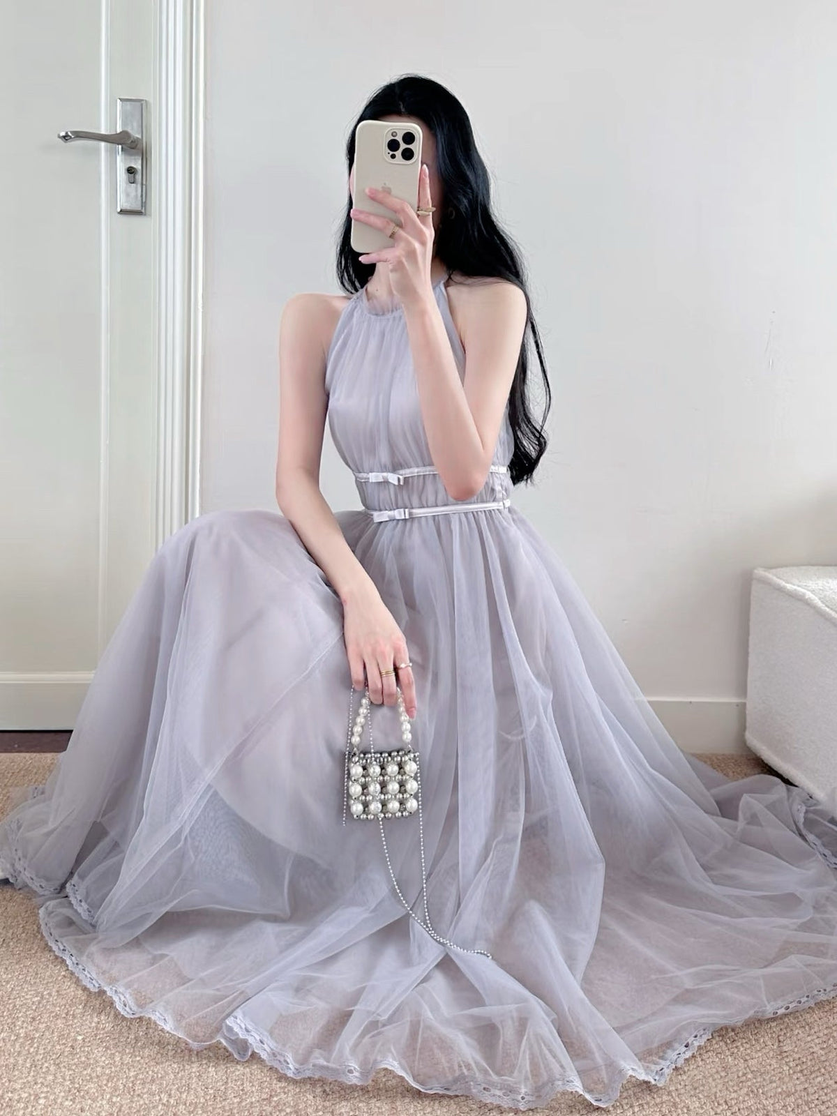 【dress】バックリボンチュールロングワンピース　N3217
