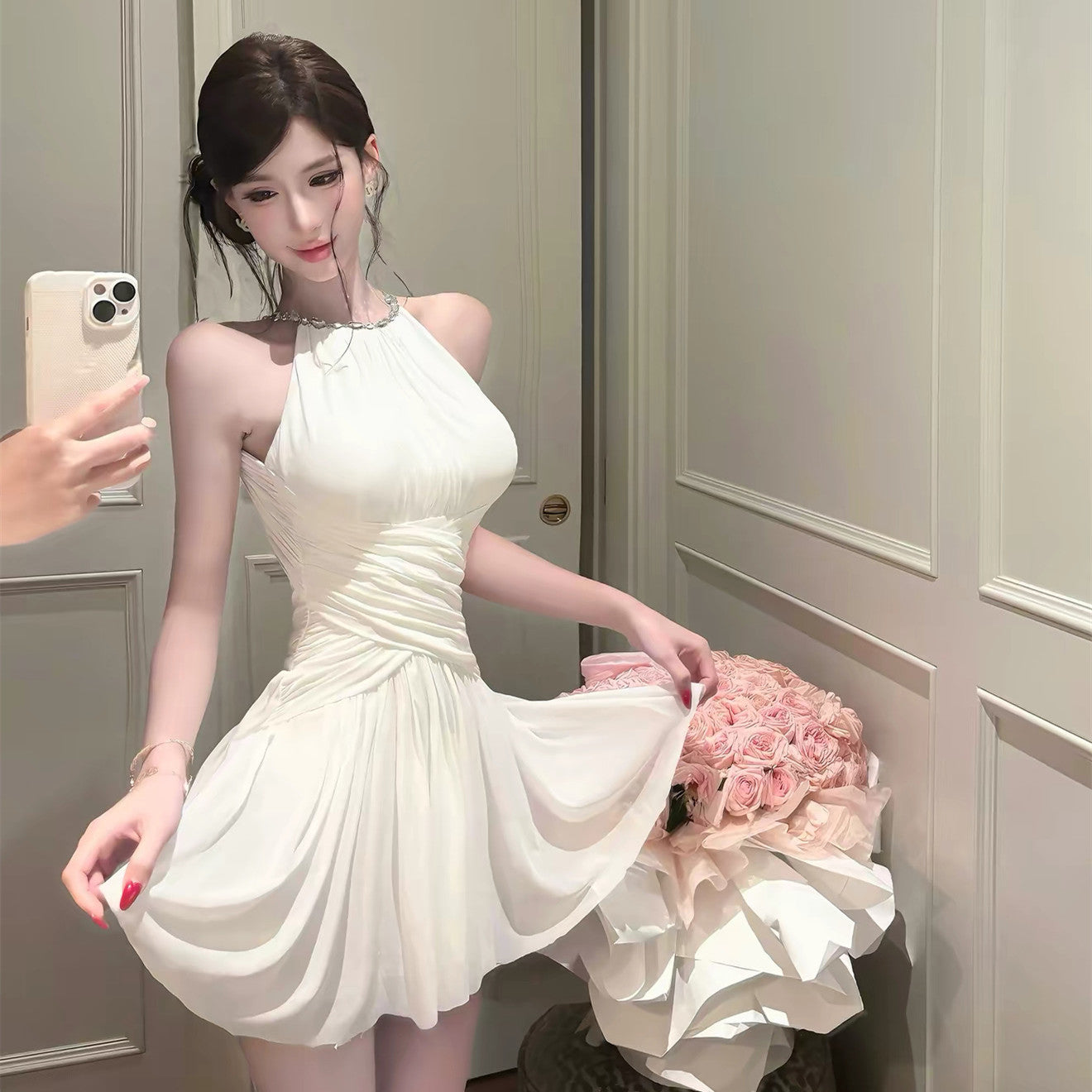 【dress】バックビジューホルターネックワンピース   N3765
