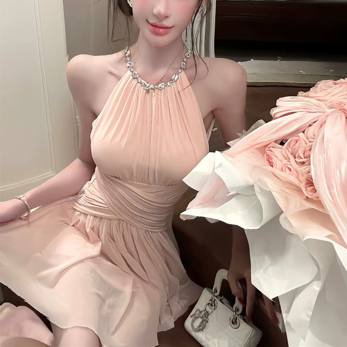 【dress】バックビジューホルターネックワンピース   N3765