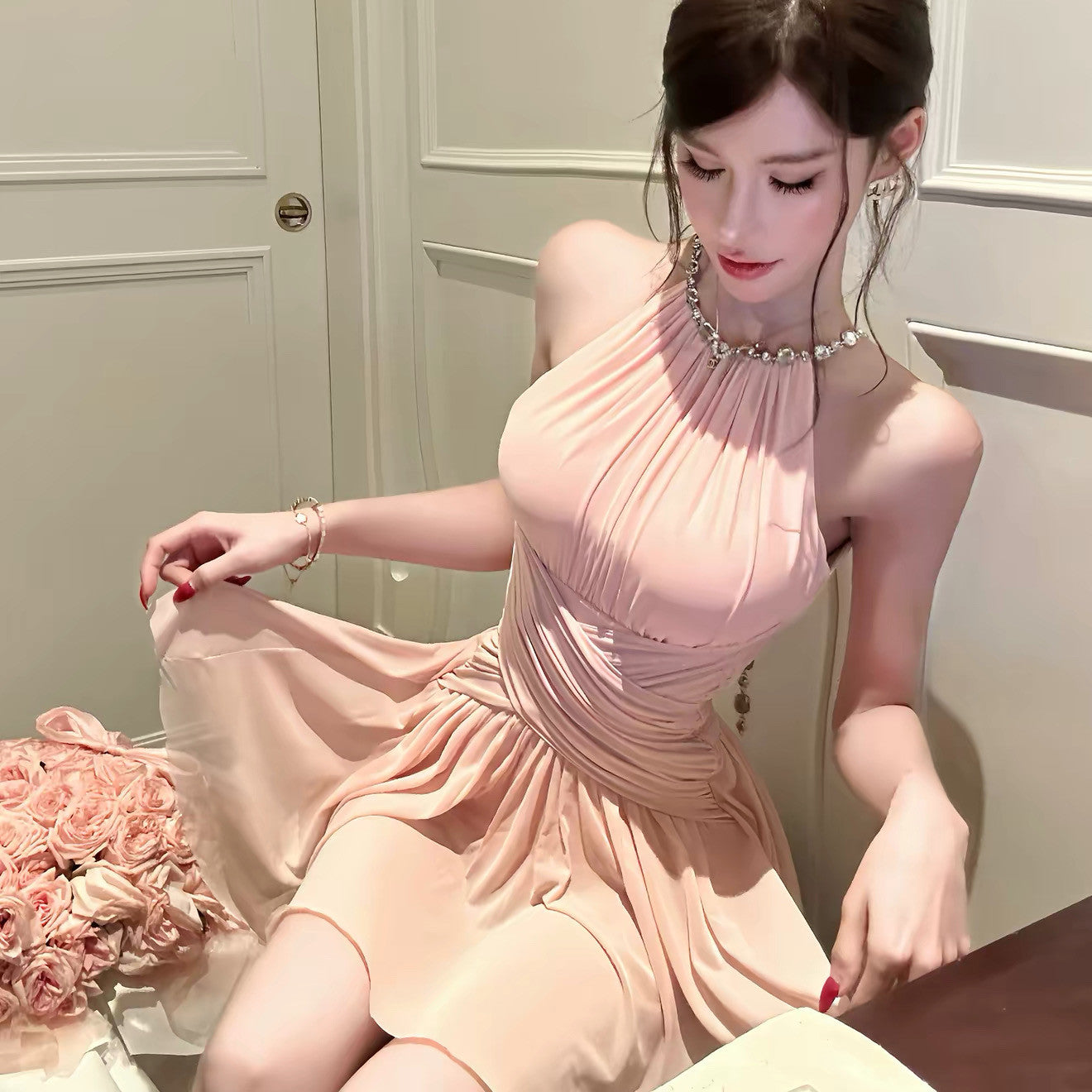 【dress】バックビジューホルターネックワンピース   N3765