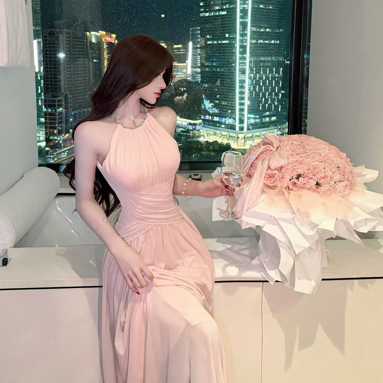 【dress】バックビジューホルターネックワンピース   N3765