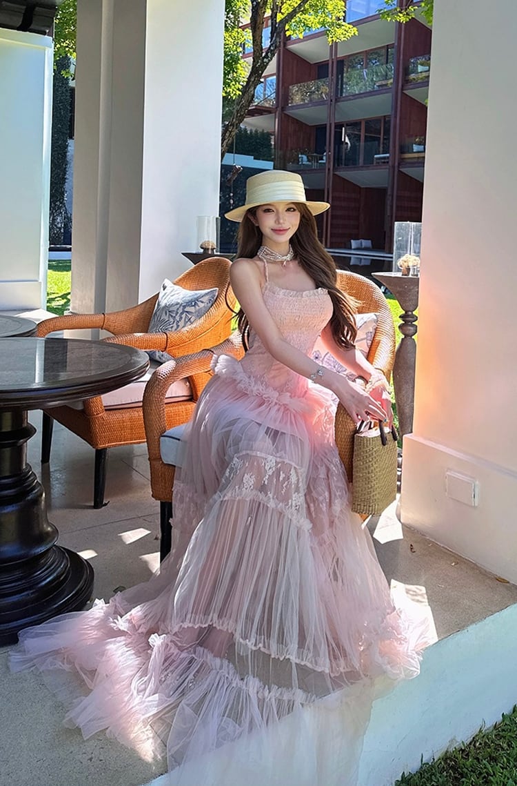 【dress】ホルターネックシアーチュールティアードワンピース Q8484