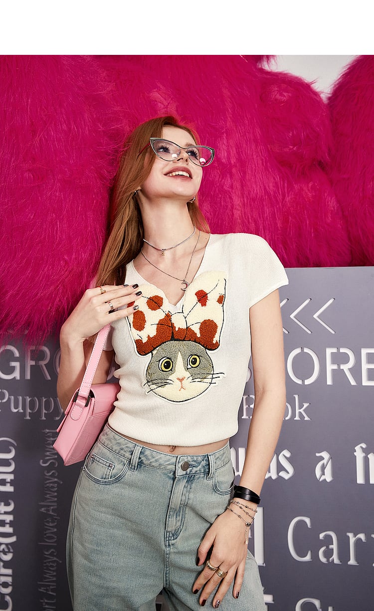 【tops】VネックニットプリントトップスG20926