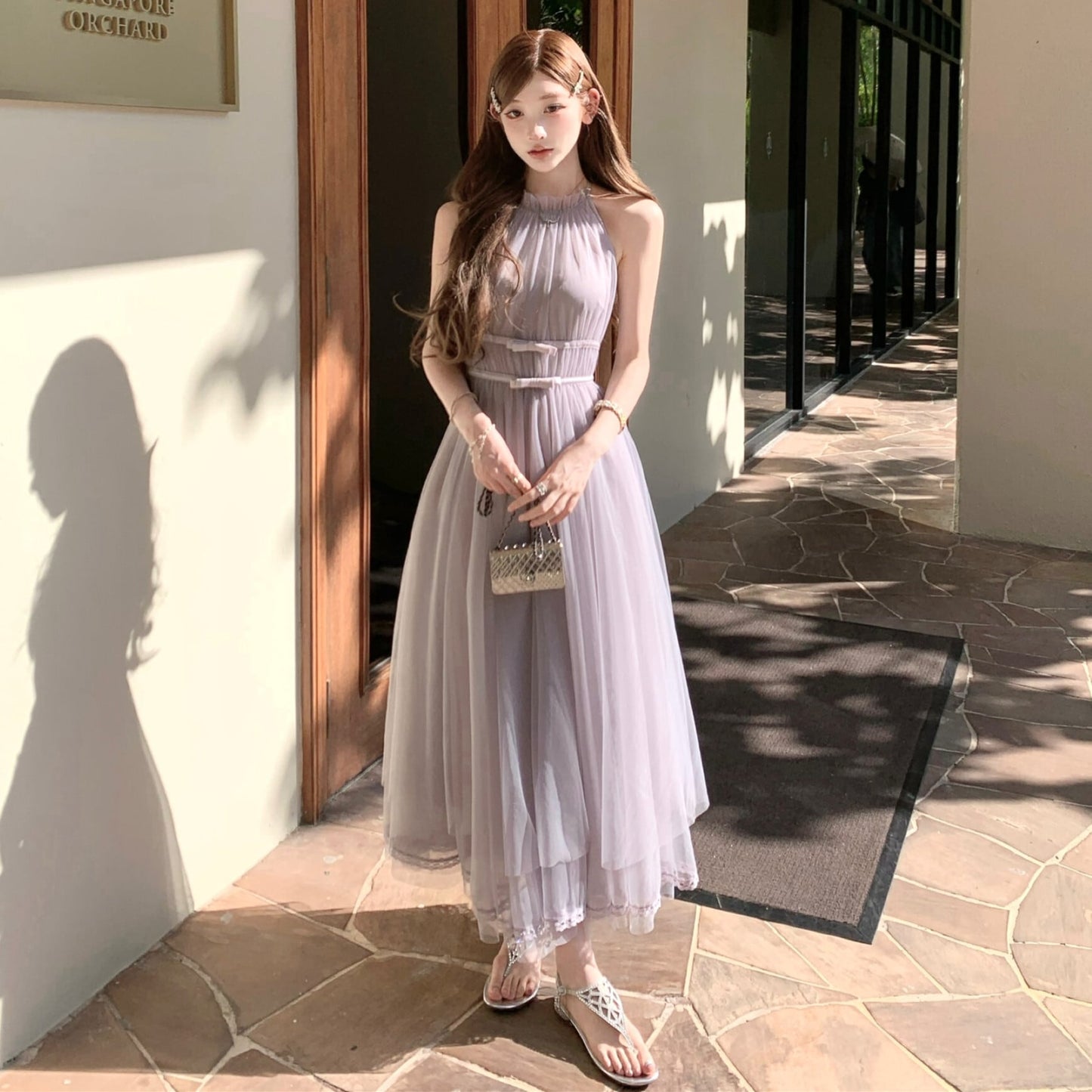 【dress】バックリボンチュールロングワンピース　N3217
