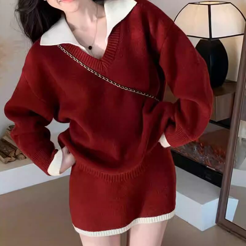 【set】フェイクレイヤードニットトップス×ミニスカートセット Q7829