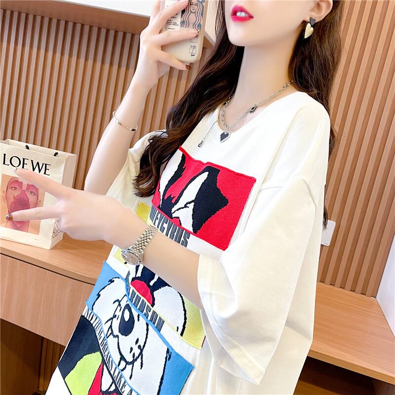 【tops】2色ラウンドネック半袖配色動物柄英字柄ゆったり着回しTシャツF2272