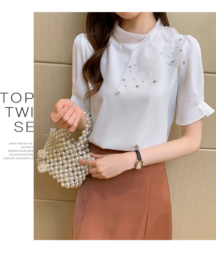 【tops】美人度アップ!スウィートリボンルーズシフォンパフスリーブフランス風シャツ G6683