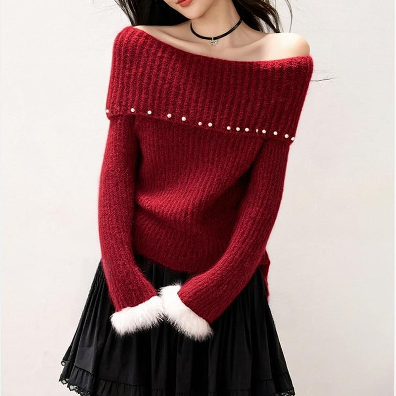 【tops】パール付きオフショルダーニットトップス Q7669