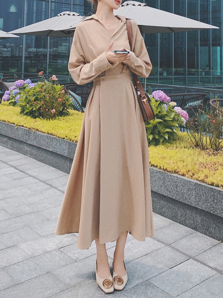 【dress】OL通勤気質満点レトロスウィート長袖Vネック無地着痩せワンピース