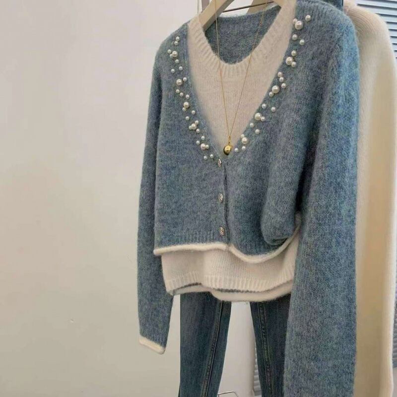 【tops】パールドッキングニットセーター　M29136