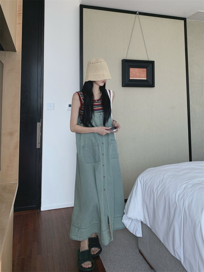 【set】ノースリーブTシャツ×デニムキャミワンピースセット　M24275
