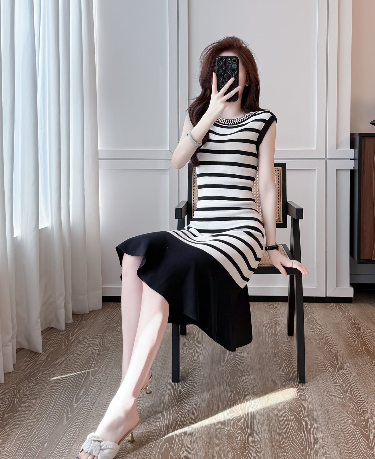 【dress】ノースリーブボーダー柄ニットワンピース Q8491