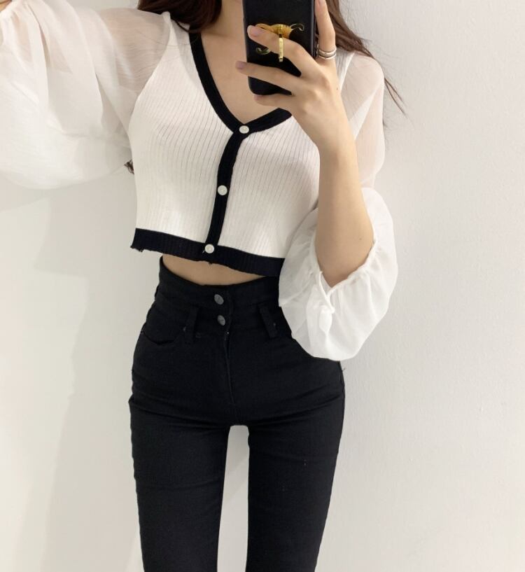 【tops】Vネック ランタンスリーブ切り替えトップスニット G15684