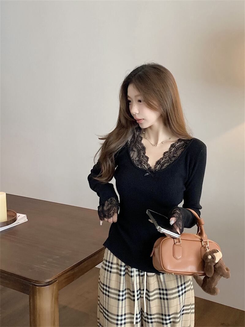 【tops】レースドッキングニットトップス　N2897