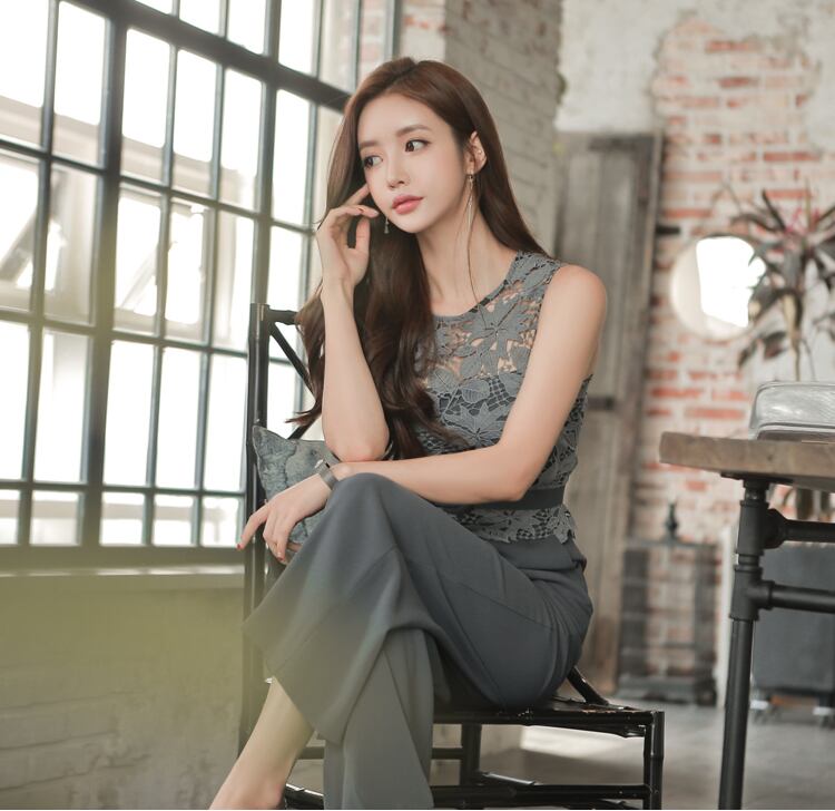 【set】美人度アップ!レース洋気切り替えノースリーブハイウエストオールインワン G0426