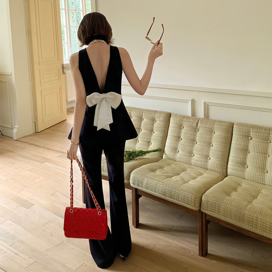 【set】バックリボンノースリーブトップス×フレアパンツセット N3572