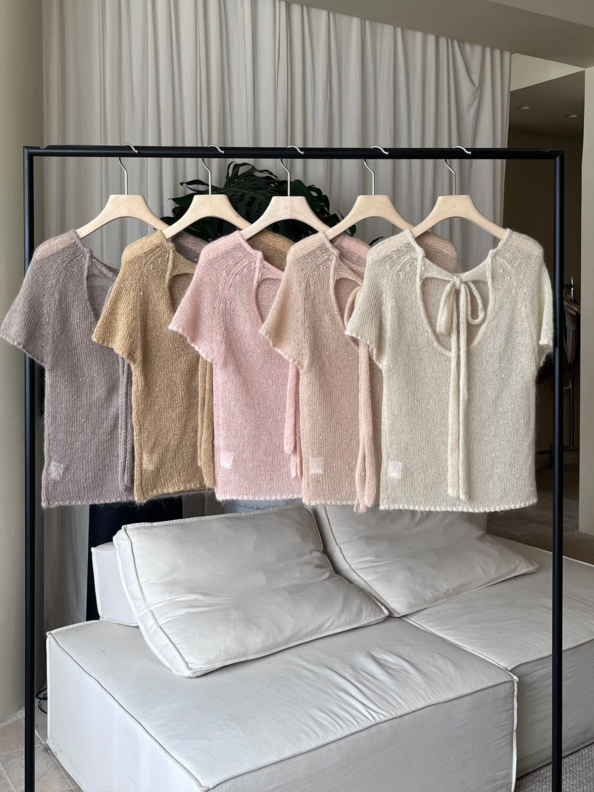 【tops】バックリボン半袖ニットトップス Q8979