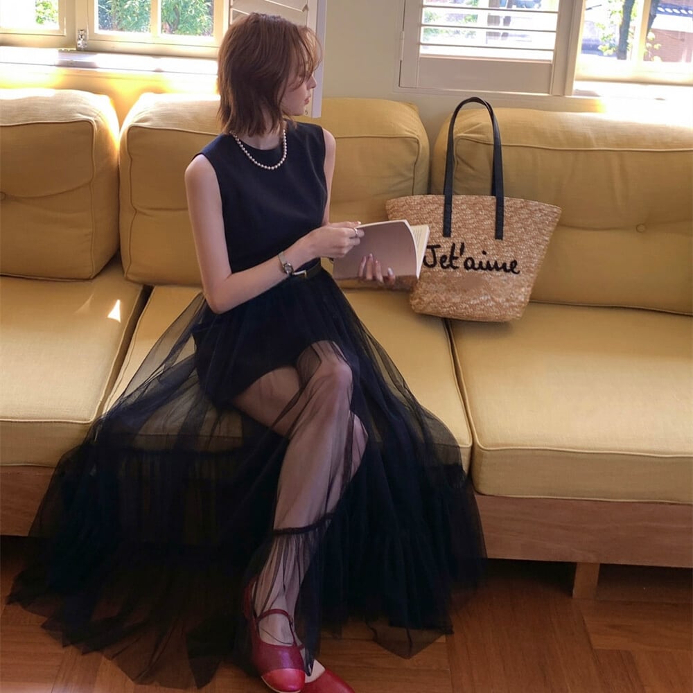 【dress】チュールドッキングノースリーブワンピース  N3562