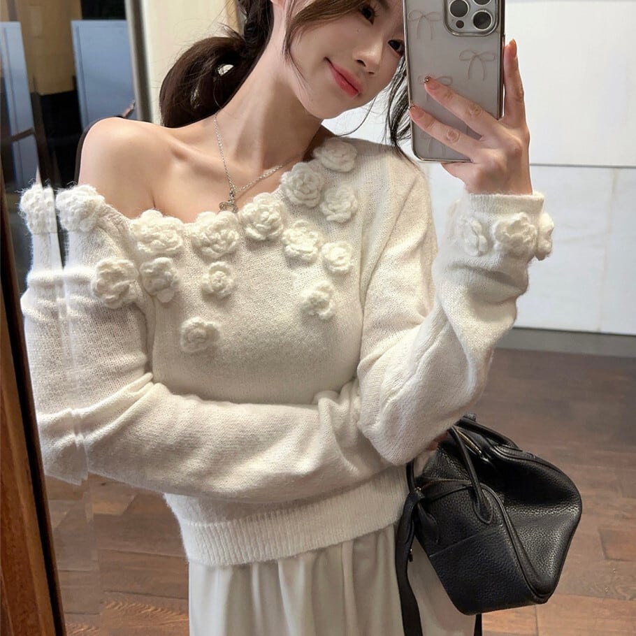 【tops】フラワーモチーフニットセーター　M26116
